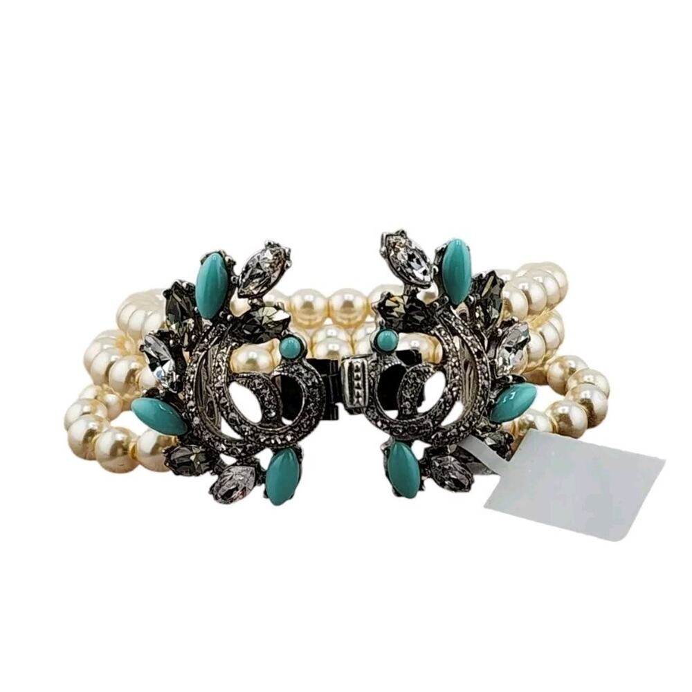 BEN AMUN Multi Strand Pearl Turquoise Crystal Stretch Bracelet 6"